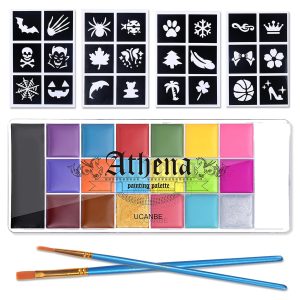 UCANBE Athena Face Body Painting Kit - 20 Color Large Deep Pan Paint. 24 Stencils. 2pcs Brushes.